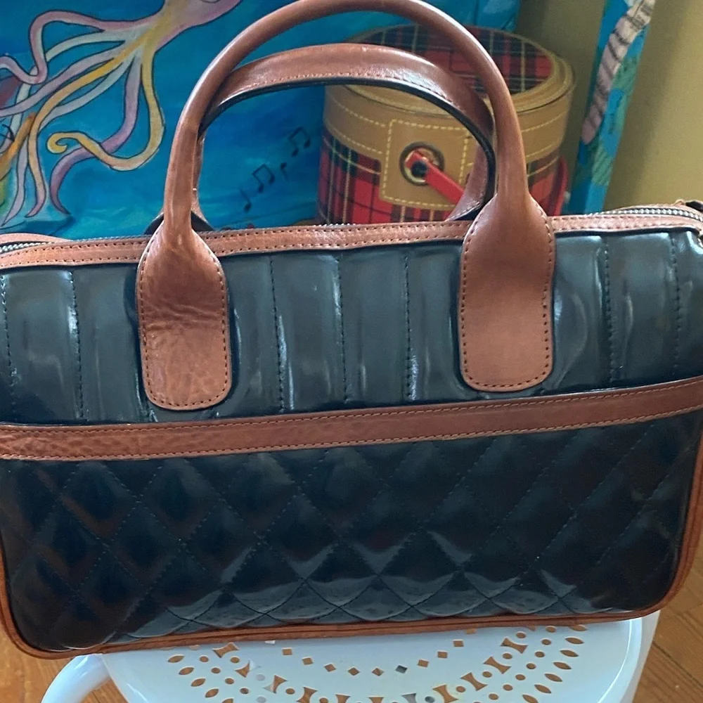Black Quilted Handbag with Brown Leather Accents